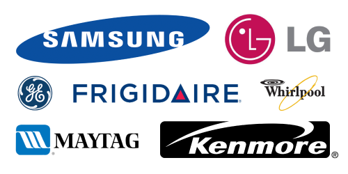 Logos for Samsung, LG, GE, Frigidaire, Whirlpool, Maytag, and Kenmore